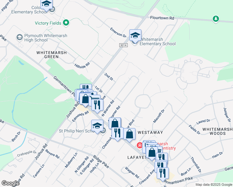 map of restaurants, bars, coffee shops, grocery stores, and more near 4028 North Warner Road in Montgomery County
