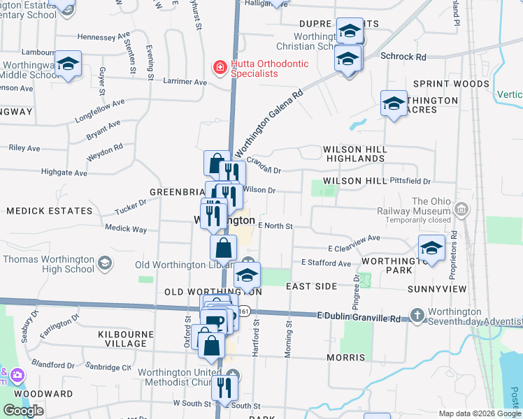 map of restaurants, bars, coffee shops, grocery stores, and more near 969 Hartford Street in Worthington