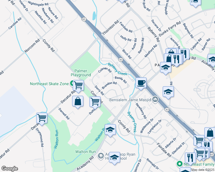 map of restaurants, bars, coffee shops, grocery stores, and more near 11735 Brandon Road in Philadelphia