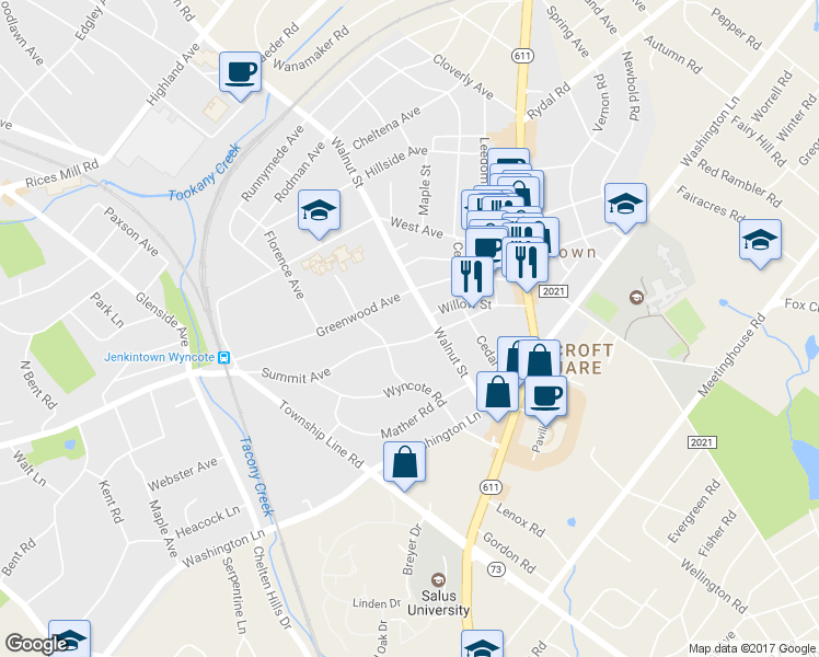 map of restaurants, bars, coffee shops, grocery stores, and more near 319 Summit Avenue in Jenkintown