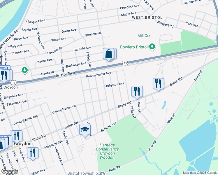 map of restaurants, bars, coffee shops, grocery stores, and more near 2210 Brighton Avenue in Croydon