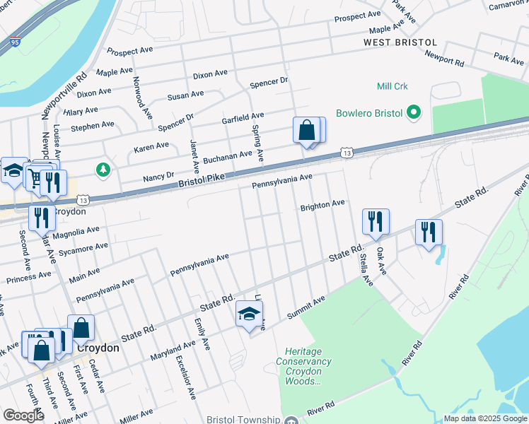 map of restaurants, bars, coffee shops, grocery stores, and more near 311 Grant Avenue in Croydon