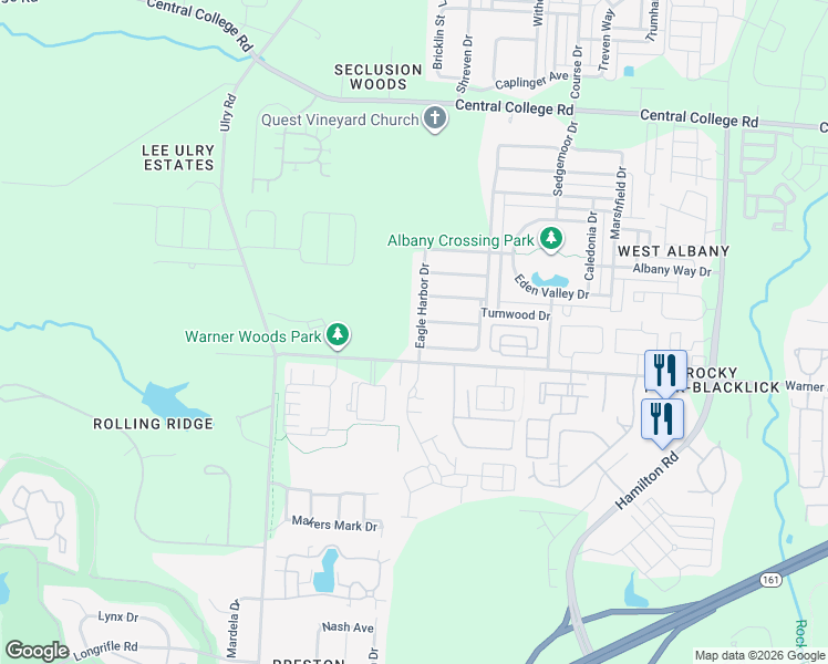 map of restaurants, bars, coffee shops, grocery stores, and more near 5870 Wyndale Drive in Westerville