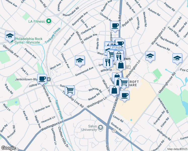 map of restaurants, bars, coffee shops, grocery stores, and more near 319 Summit Avenue in Jenkintown