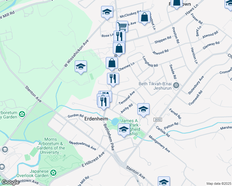 map of restaurants, bars, coffee shops, grocery stores, and more near 8 Yeakel Avenue in Erdenheim