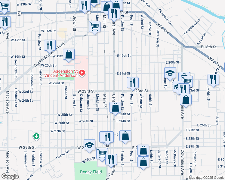 map of restaurants, bars, coffee shops, grocery stores, and more near 2221 Central Avenue in Anderson