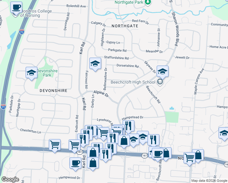 map of restaurants, bars, coffee shops, grocery stores, and more near 6164 Harrington Court in Columbus