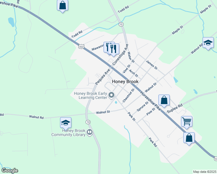 map of restaurants, bars, coffee shops, grocery stores, and more near 130 Waynebrook Drive in Honey Brook
