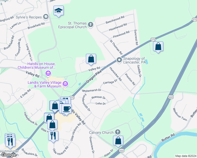 map of restaurants, bars, coffee shops, grocery stores, and more near 2475 Oregon Pike in Lancaster