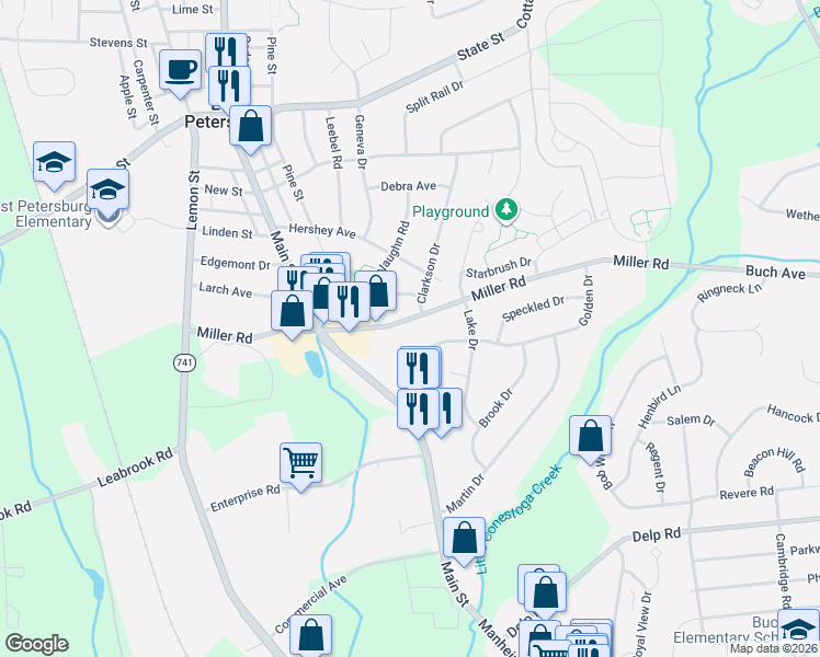 map of restaurants, bars, coffee shops, grocery stores, and more near 2040 Miller Road in East Petersburg
