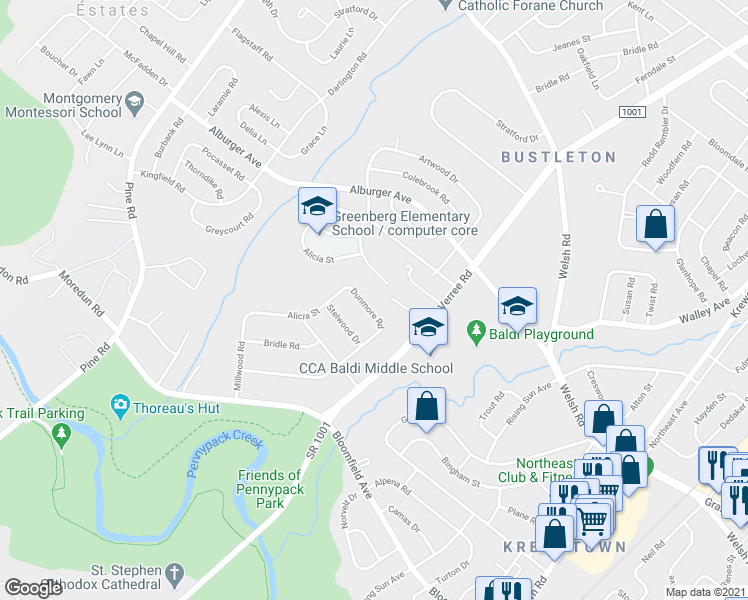 map of restaurants, bars, coffee shops, grocery stores, and more near 713 Dunmore Road in Philadelphia