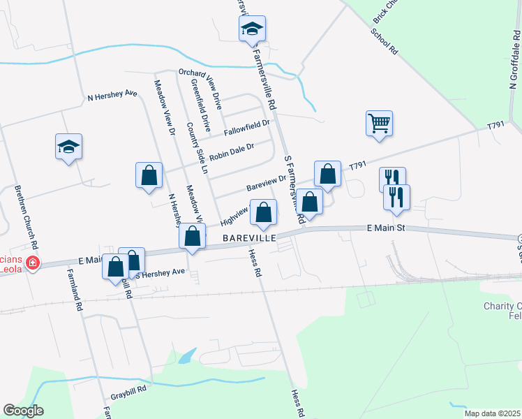 map of restaurants, bars, coffee shops, grocery stores, and more near 298 Highview Dr in Leola