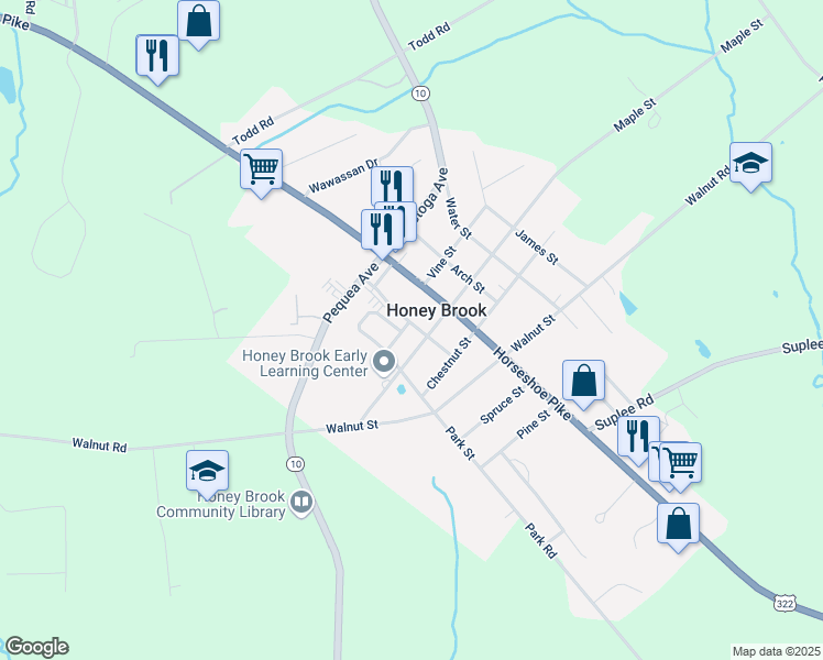 map of restaurants, bars, coffee shops, grocery stores, and more near 2 White Drive in Honey Brook