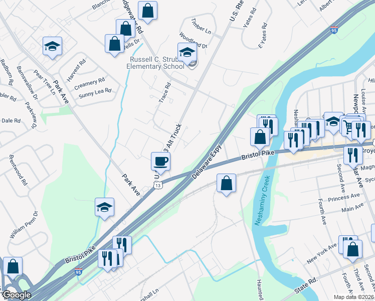 map of restaurants, bars, coffee shops, grocery stores, and more near 3876 Allen Avenue in Bensalem
