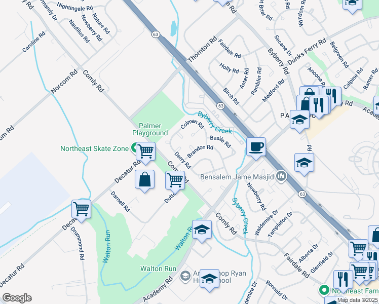 map of restaurants, bars, coffee shops, grocery stores, and more near 11726 Brandon Place in Philadelphia