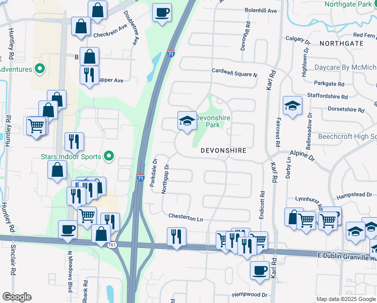 map of restaurants, bars, coffee shops, grocery stores, and more near 6210-6222 Ambleside Court in Columbus