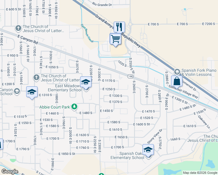 map of restaurants, bars, coffee shops, grocery stores, and more near 1234 South 2360 East in Spanish Fork