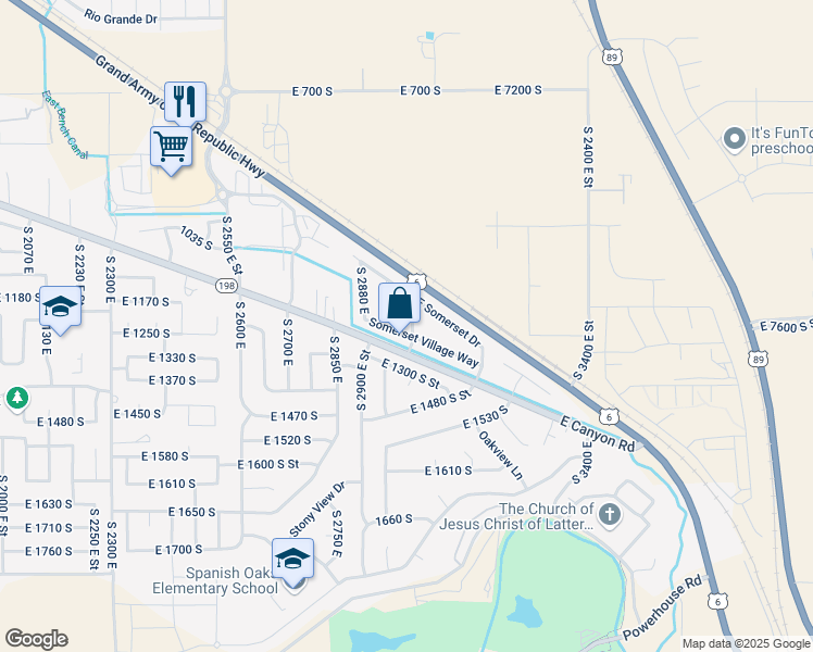 map of restaurants, bars, coffee shops, grocery stores, and more near 2973 Somerset Village Way in Spanish Fork