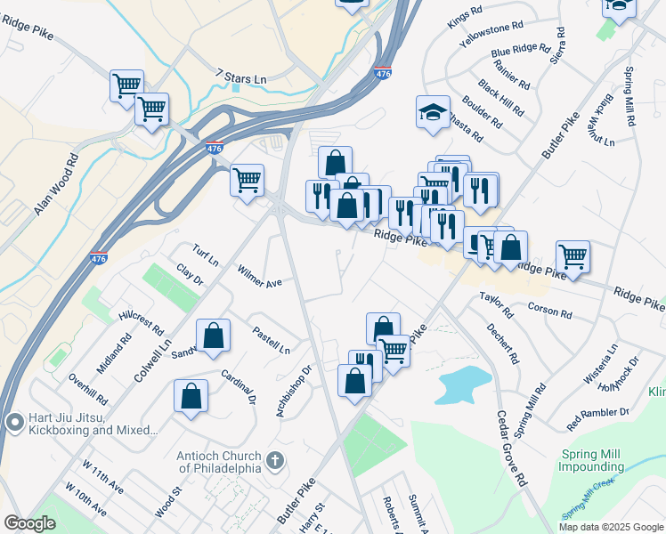 map of restaurants, bars, coffee shops, grocery stores, and more near 211 Sherwood Lane in Conshohocken