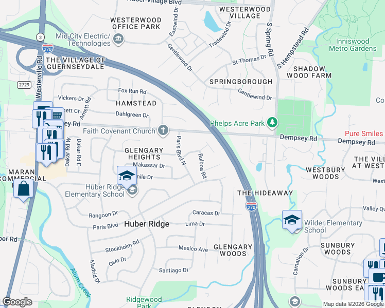 map of restaurants, bars, coffee shops, grocery stores, and more near 3633 Bolamo Drive in Westerville