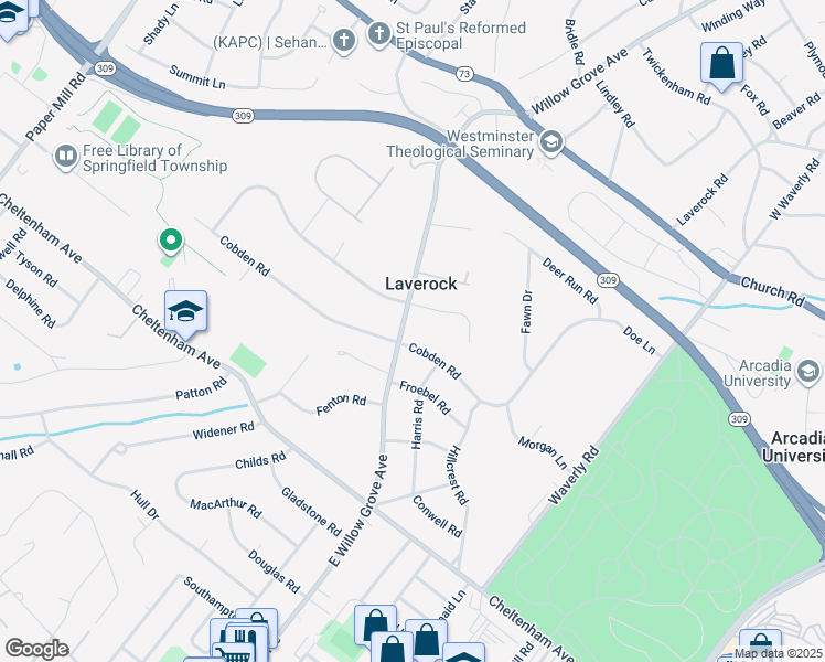 map of restaurants, bars, coffee shops, grocery stores, and more near 1702 East Willow Grove Avenue in Laverock