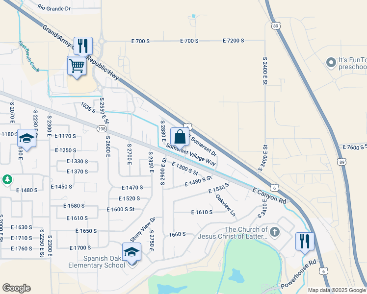 map of restaurants, bars, coffee shops, grocery stores, and more near 2973 Somerset Village Way in Spanish Fork