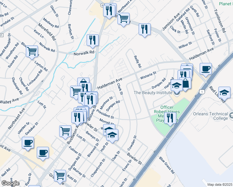 map of restaurants, bars, coffee shops, grocery stores, and more near 9842 Montour Street in Philadelphia