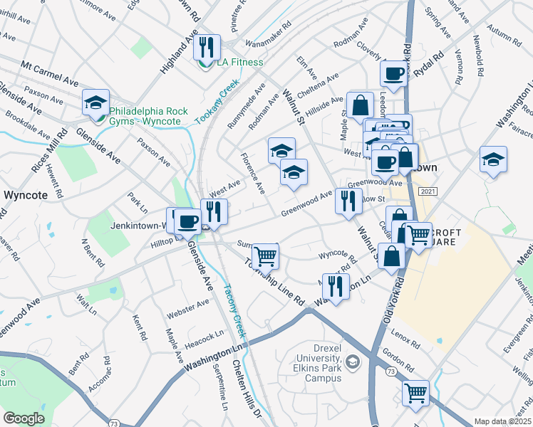 map of restaurants, bars, coffee shops, grocery stores, and more near 137 Greenwood Avenue in Jenkintown