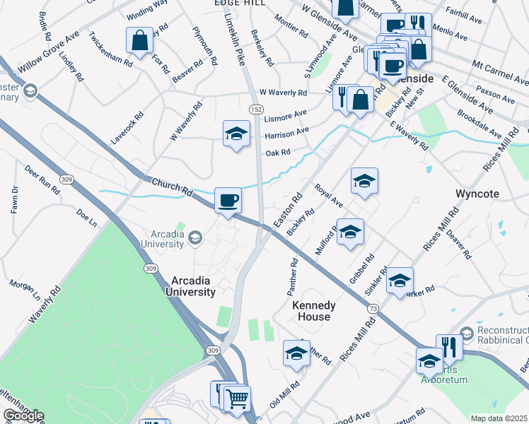 map of restaurants, bars, coffee shops, grocery stores, and more near 776 Pennsylvania 152 in Wyncote