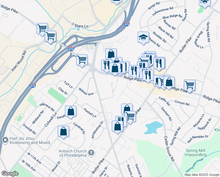 map of restaurants, bars, coffee shops, grocery stores, and more near 205 Sherwood Lane in Conshohocken
