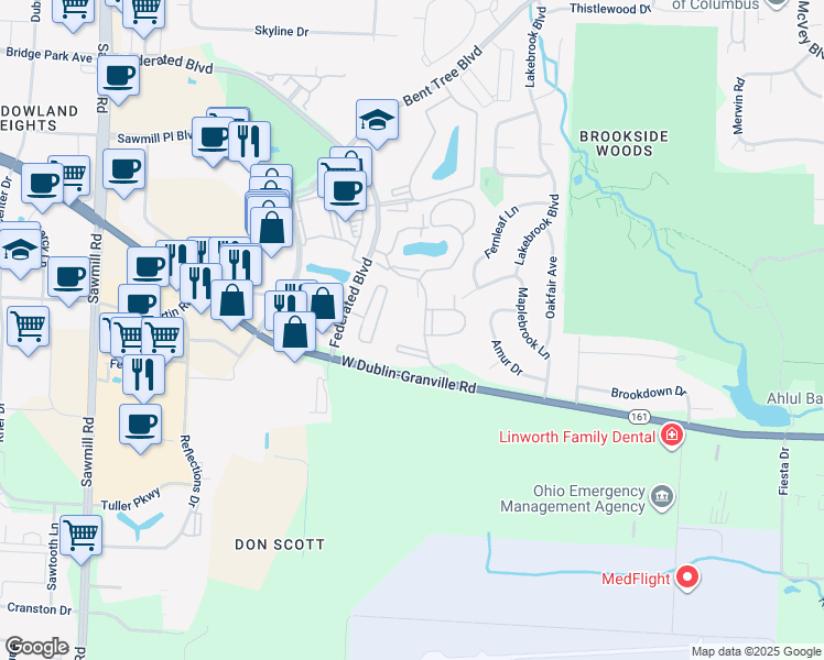 map of restaurants, bars, coffee shops, grocery stores, and more near 6735 Meadow Creek Drive in Columbus