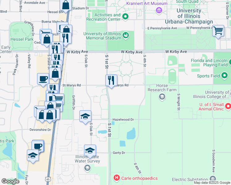 map of restaurants, bars, coffee shops, grocery stores, and more near 1900 S 1st St in Champaign