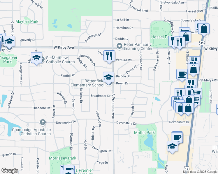 map of restaurants, bars, coffee shops, grocery stores, and more near 1801 South Prospect Avenue in Champaign