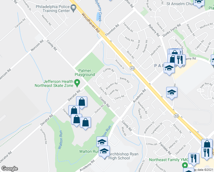 map of restaurants, bars, coffee shops, grocery stores, and more near 11726 Brandon Place in Philadelphia