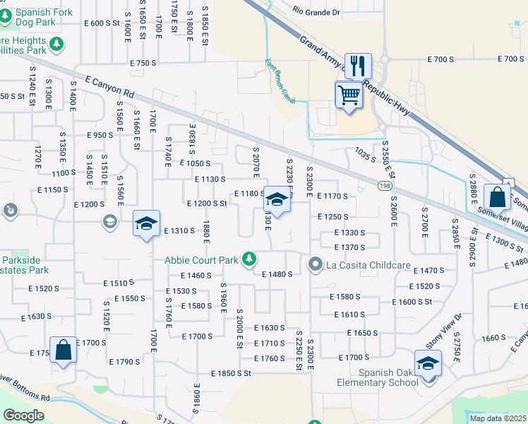 map of restaurants, bars, coffee shops, grocery stores, and more near 1236 South 2130 East in Spanish Fork