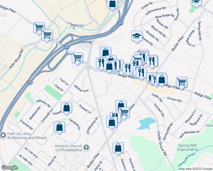 map of restaurants, bars, coffee shops, grocery stores, and more near 211 Sherwood Lane in Conshohocken
