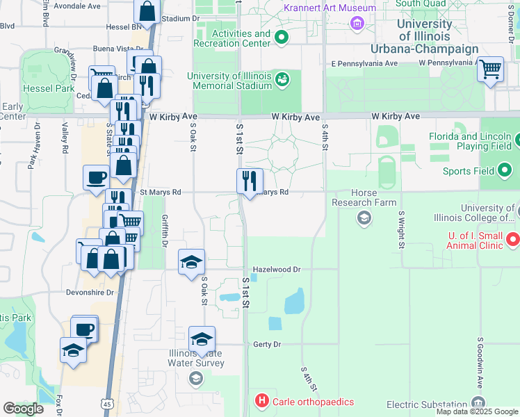 map of restaurants, bars, coffee shops, grocery stores, and more near 1900 South 1st Street in Urbana