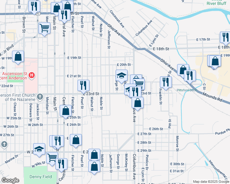 map of restaurants, bars, coffee shops, grocery stores, and more near 730 East 23rd Street in Anderson