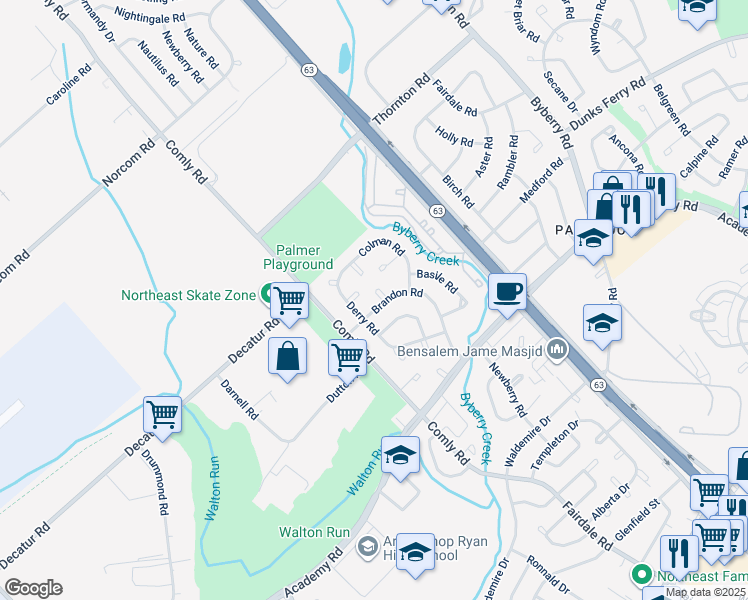 map of restaurants, bars, coffee shops, grocery stores, and more near 11728 Brandon Place in Philadelphia
