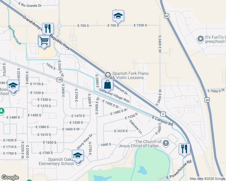 map of restaurants, bars, coffee shops, grocery stores, and more near 1239 South 2970 East in Spanish Fork