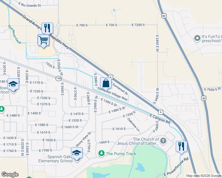 map of restaurants, bars, coffee shops, grocery stores, and more near 1239 South 2970 East in Spanish Fork