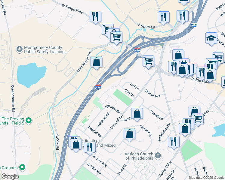 map of restaurants, bars, coffee shops, grocery stores, and more near 229 Barefield Lane in Conshohocken