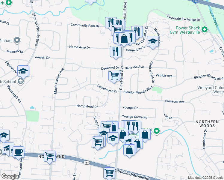 map of restaurants, bars, coffee shops, grocery stores, and more near 2432 Laurelwood Drive in Columbus