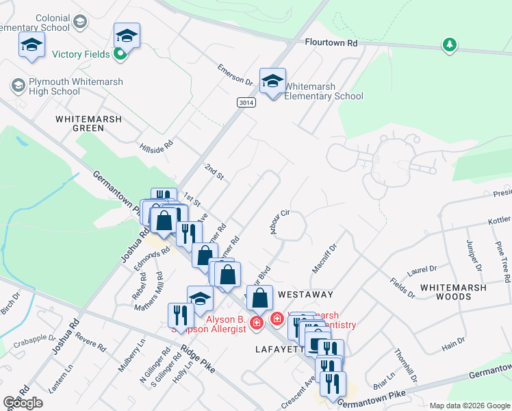 map of restaurants, bars, coffee shops, grocery stores, and more near 4039 South Warner Road in Lafayette Hill