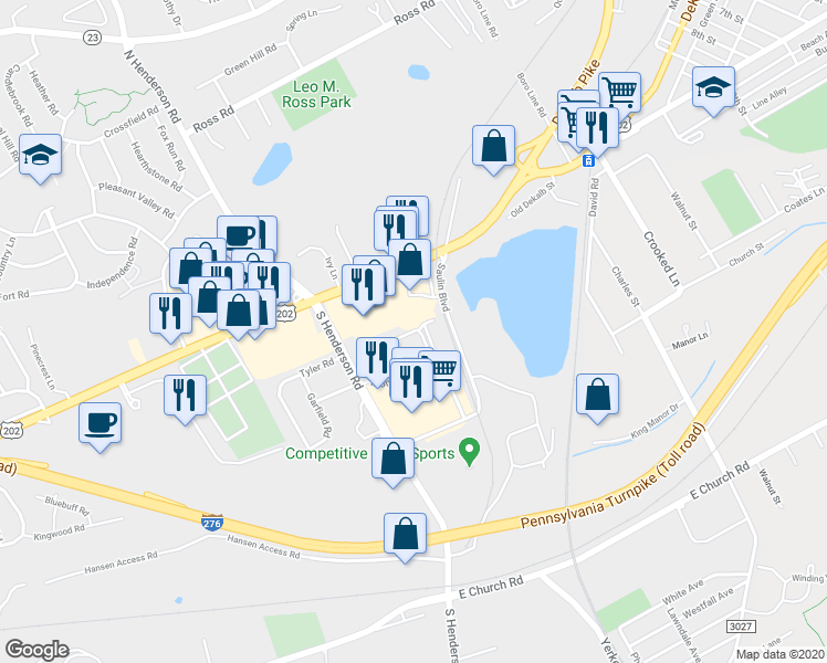 map of restaurants, bars, coffee shops, grocery stores, and more near 1014 Monroe Boulevard in King of Prussia