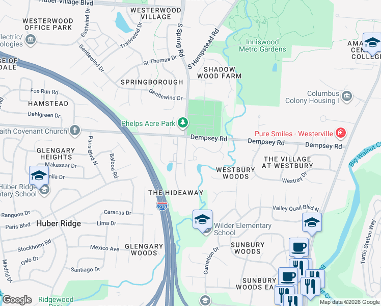 map of restaurants, bars, coffee shops, grocery stores, and more near 1345 Spring Brook Court in Westerville