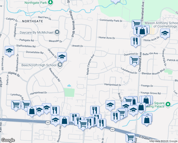 map of restaurants, bars, coffee shops, grocery stores, and more near 2150 Laurelwood Drive in Columbus