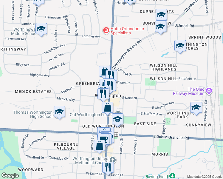 map of restaurants, bars, coffee shops, grocery stores, and more near 956 High Street in Worthington