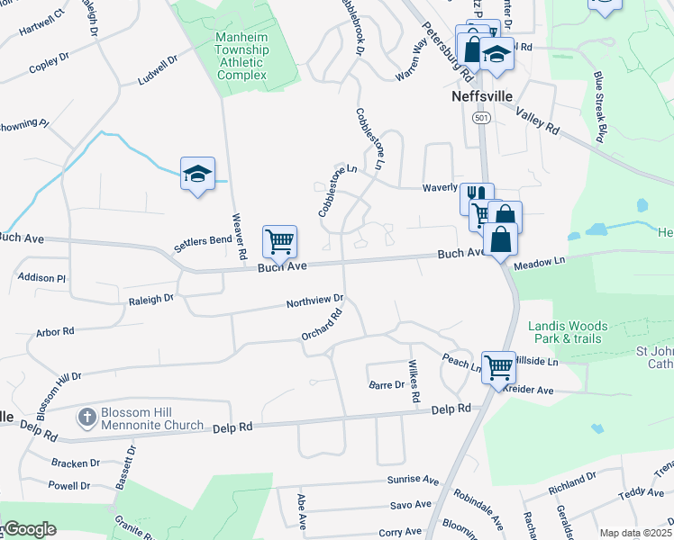 map of restaurants, bars, coffee shops, grocery stores, and more near 56 Northview Drive in Lancaster