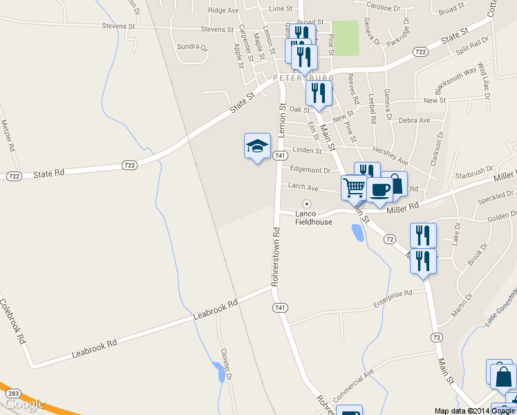 map of restaurants, bars, coffee shops, grocery stores, and more near 1882 Rohrerstown Road in Lancaster